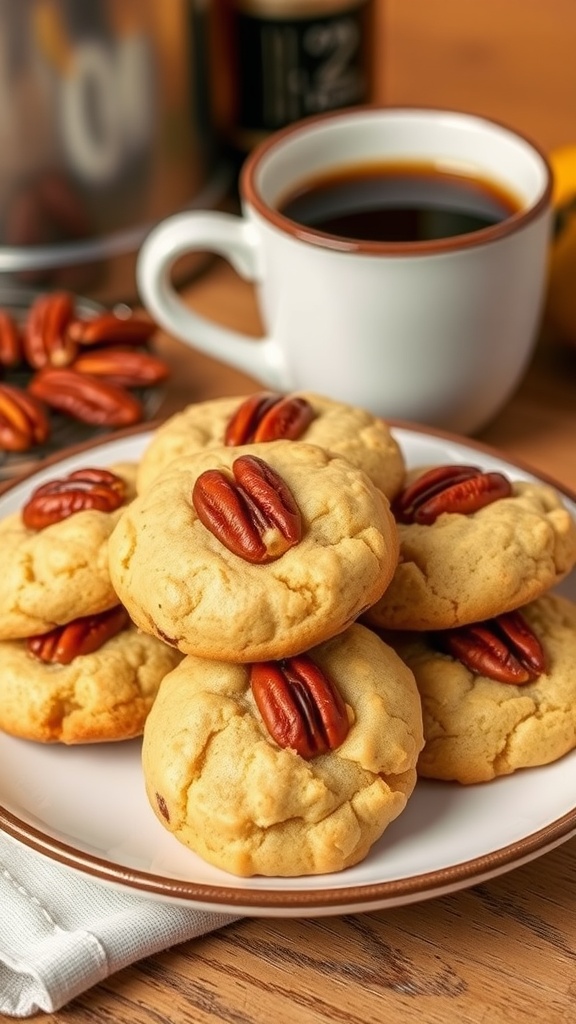 A plate of golden brown butter pecan cookies with pecan halves on top, accompanied by a cup of coffee.